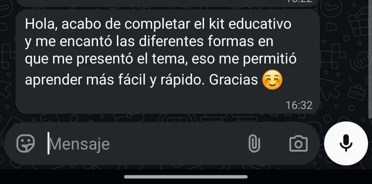 Captura de WhatsApp - Estudiante que completó el kit y le encantaron las diferentes formas de aprender