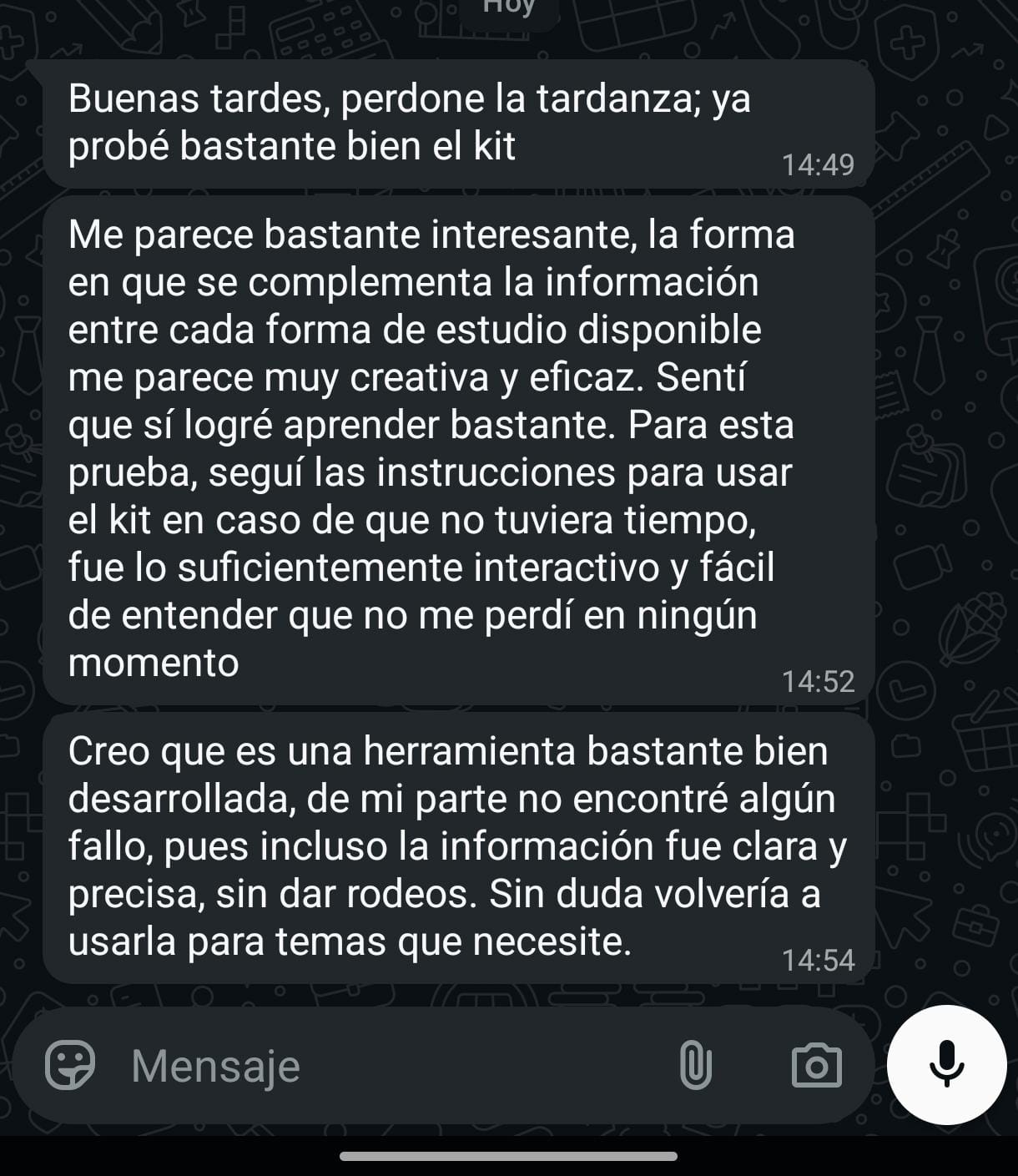Captura de WhatsApp - Estudiante que probó el kit completo y lo encontró creativo, eficaz e interactivo