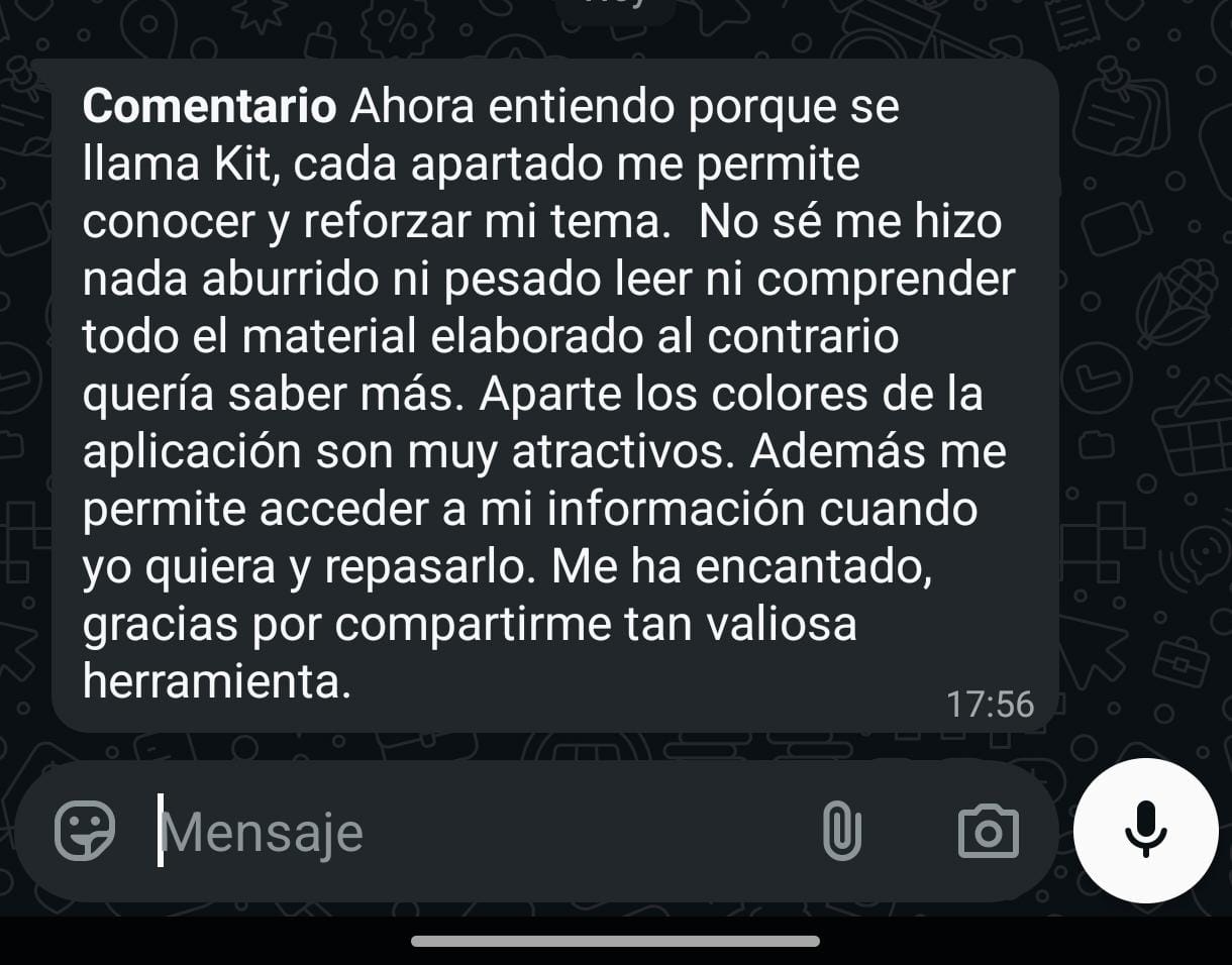 Captura de WhatsApp - Compañera de la UNAM que entendió por qué se llama Kit y le encantó todo el material